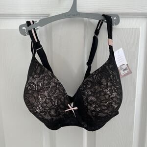 Cacique 42D Bra Lightly Lined Full Coverage Underwire Black Lace Pink Bow NWT
